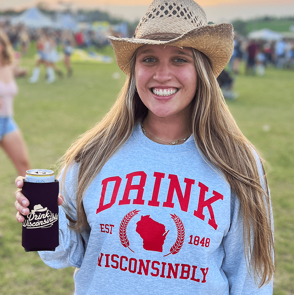 Drink Wisconsinbly Collegiate Crewneck Grey Sweatshirt