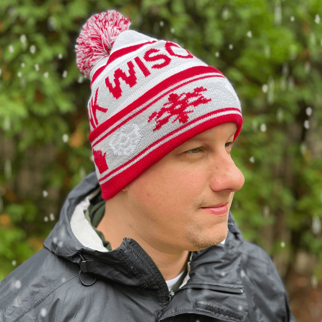 Drink Wisconsinbly Red & Gray & White Winter Pom Hat
