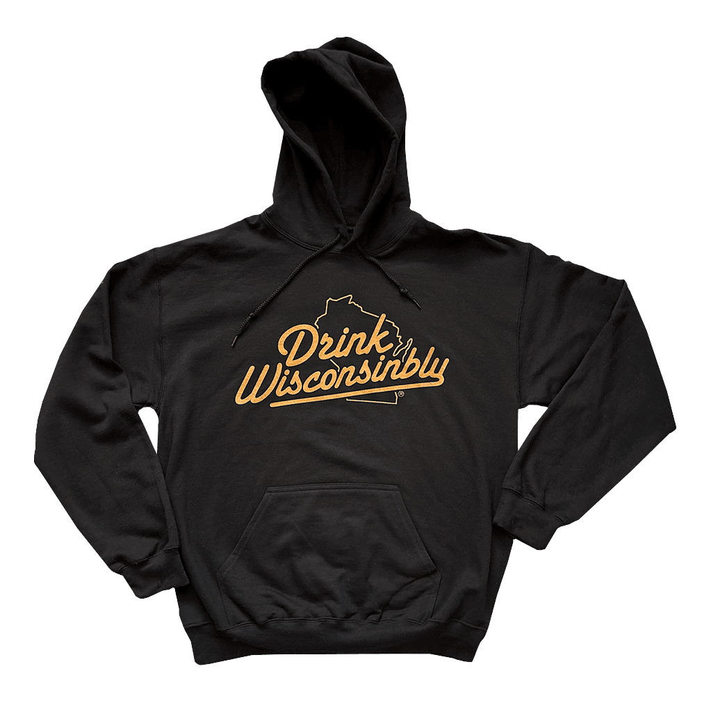 Drink Wisconsinbly Black Hoodie with Orange Logo