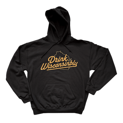 Drink Wisconsinbly Black Hoodie with Orange Logo