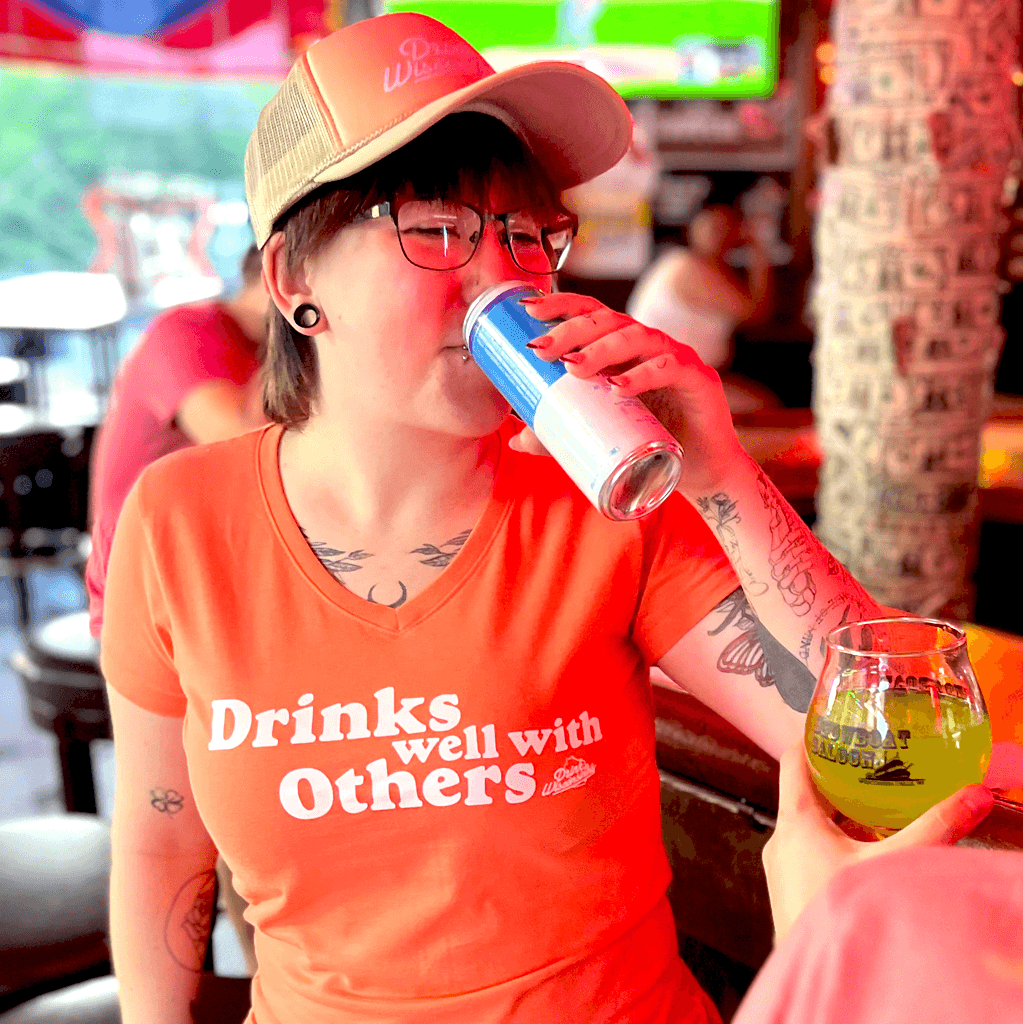 Women's Papaya Drinks Well with Others V-Neck T Shirt