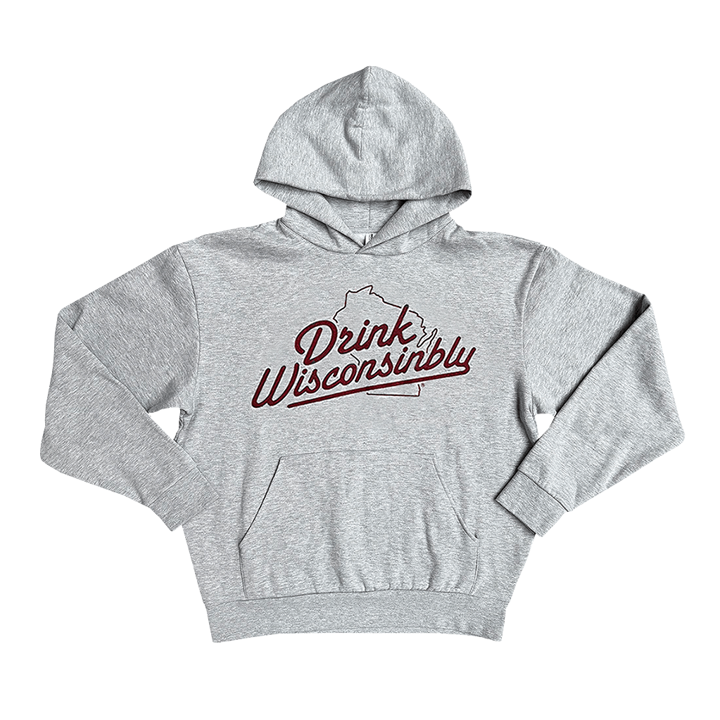 Drink Wisconsinbly Gray Hoodie w/ Maroon Logo