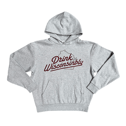 Drink Wisconsinbly Gray Hoodie w/ Maroon Logo
