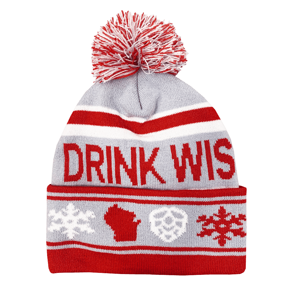 Drink Wisconsinbly Red & Gray Winter Pom Hat