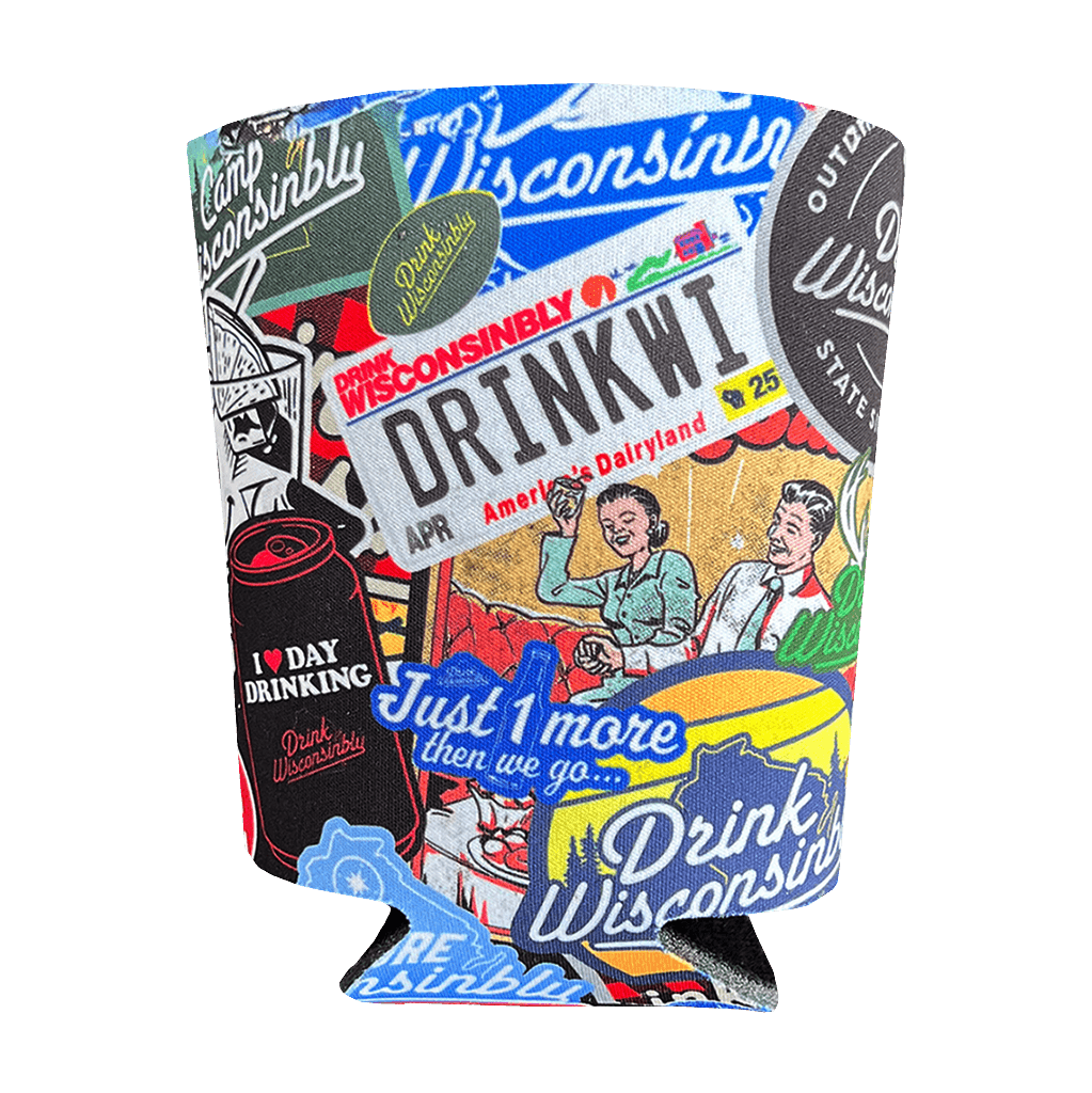 Drink Wisconsinbly Logo Collage Coozie