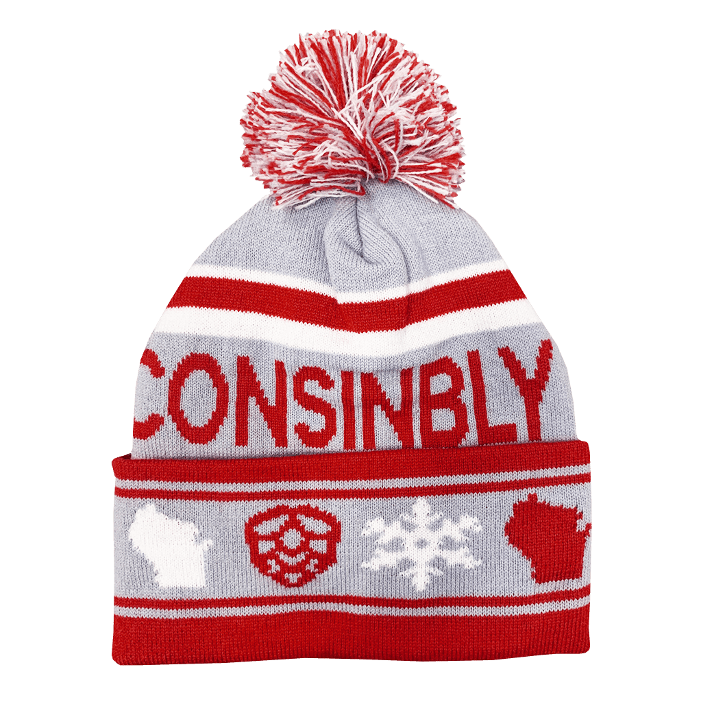 Red Gray Winter Pom Hat