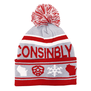 Drink Wisconsinbly Red & White & Gray Winter Pom Hat