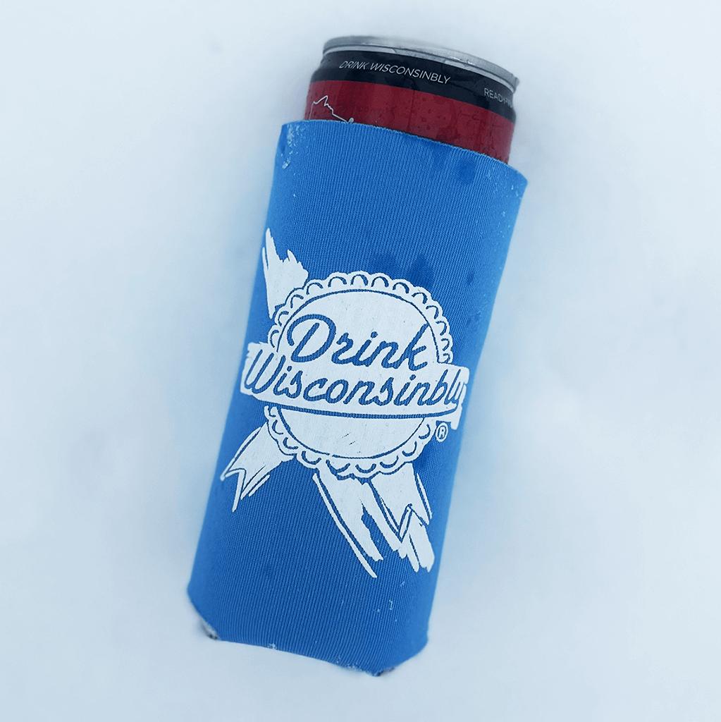 Drink Wisconsinbly Blue Retro Ribbon Blue Seltzer Coozie