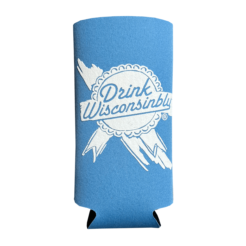 Drink Wisconsinbly Retro Ribbon Blue Seltzer Coozie