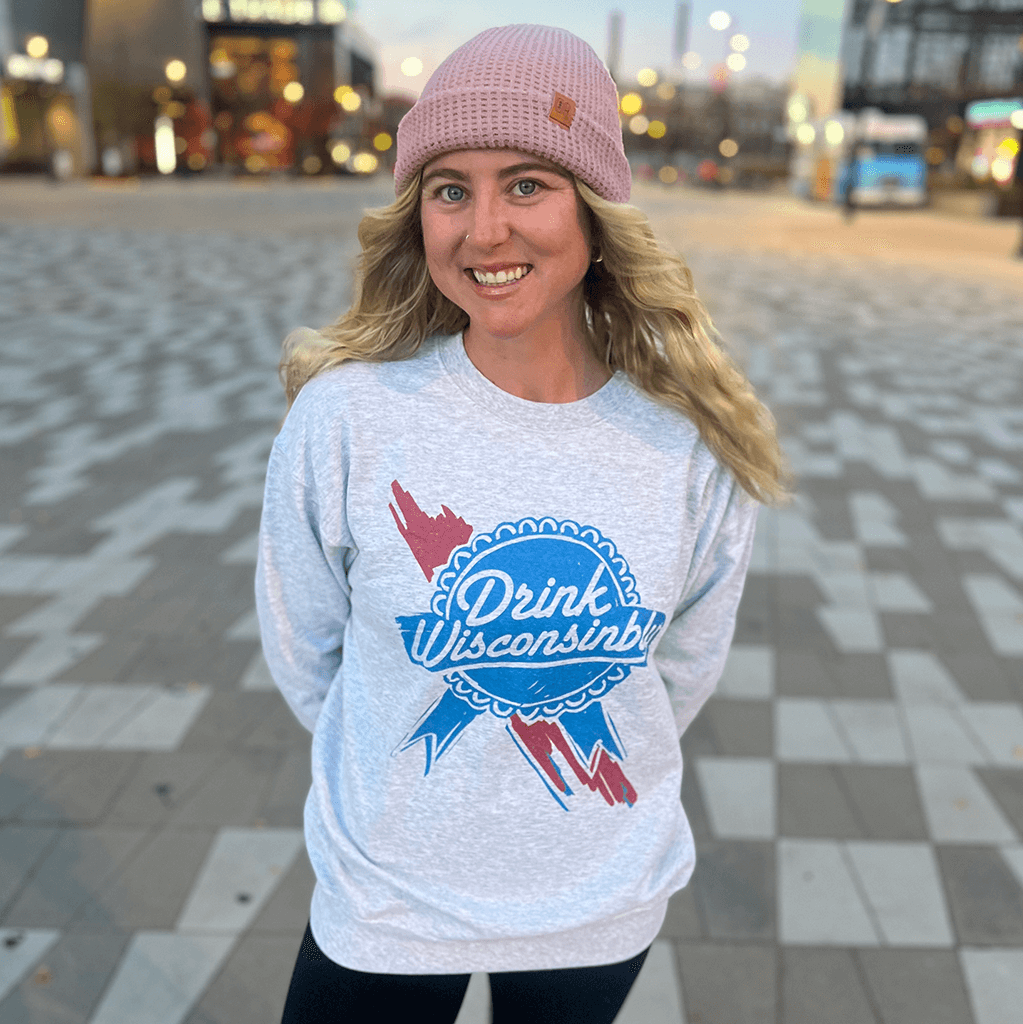 Drink Wisconsinbly Retro Ribbon Crewneck Model