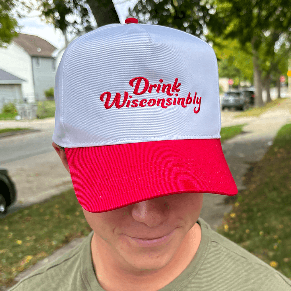 Drink Wisconsinbly Red Scripty Snapback Hat Guy