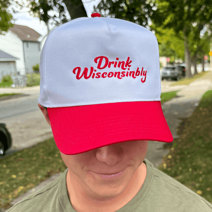 Drink Wisconsinbly Red Scripty Snapback Hat Guy