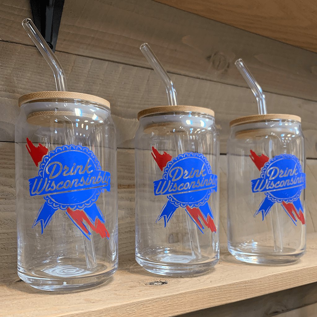 "Retro Ribbon" Glass Can with Lid and Straw