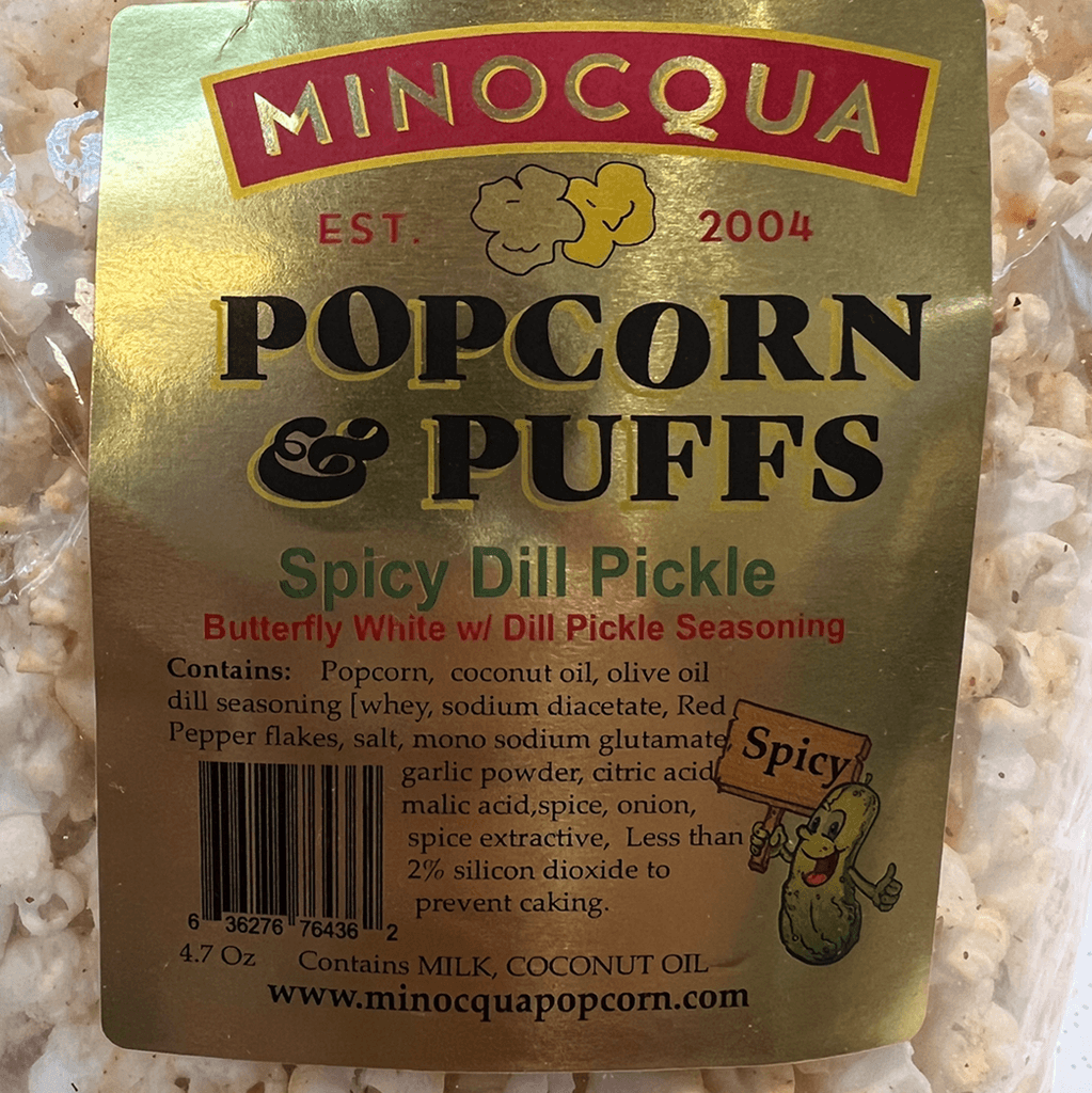 Minocqua Spicy Dill Pickle Popcorn Label