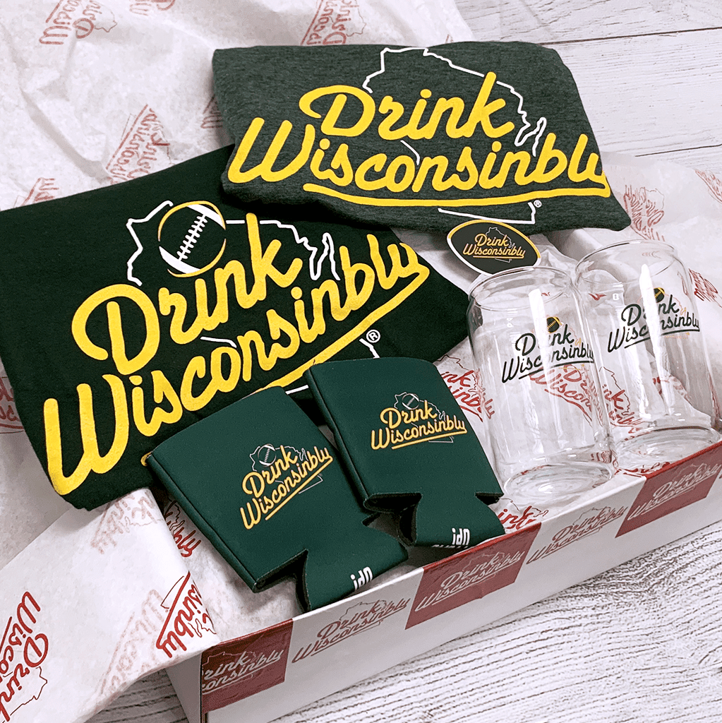 Drink Wisconsinbly Green & Gold Gift Box w 2 T-Shirts