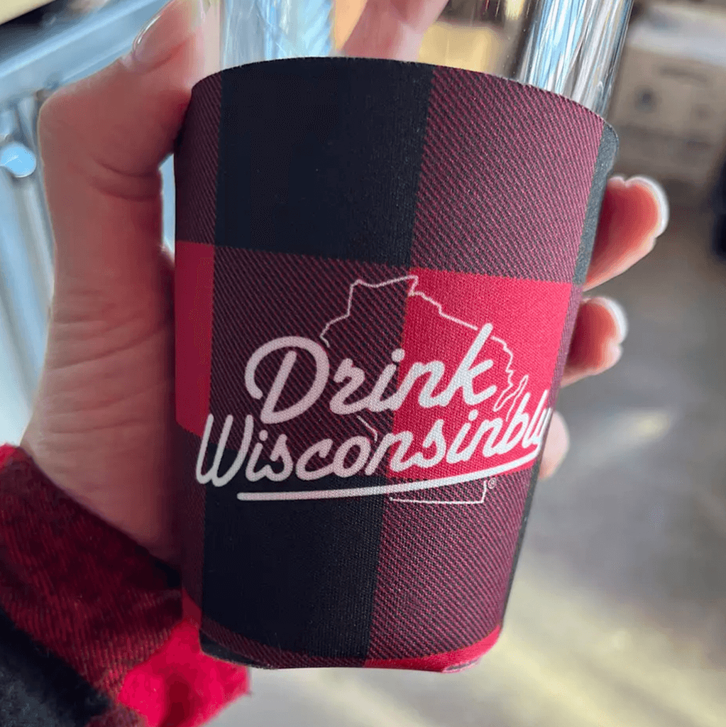 Drink Wisconsinbly Happy Plaid Cup Coozie